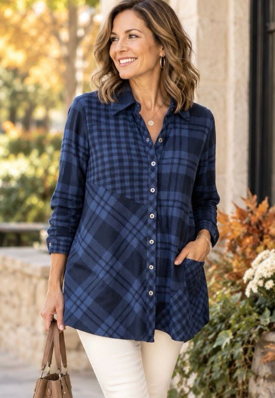 Soft Surroundings M Blue Plaid Button Front Tunic Shirt Cozy Stretch